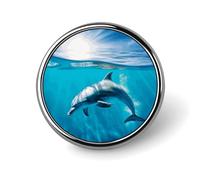 Swimming Dolphin in Blue Sea Round Badge Cute Enamel Lapel Pin Brooches Button Pin Personalized Clothing Decoration Unisex Badge Holder Hats Bags Shirts Decor