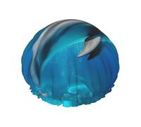 Swimming Dolphin in Blue Sea Shower Caps for Women Reusable Waterproof Shower Cap with Elastic Strap Bath Hair Hat Double Layers Thick Bath Caps for Spa Salon Travel