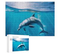 Swimming Dolphin in Blue Sea Wooden Puzzles for Adults 300 PCS Unique Shape Puzzles Wall Art Home Decor for Puzzle Lovers, Family, Friend Creative Gift Toys