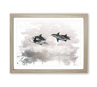 Swimming Dolphins No.2 V3 Modern Framed Print | A4 Oak Framed Wall Art | Ready to Hang | Modern Animal Picture | Living Room Bedroom Lounge Office