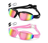 Swimming Goggles, 2-Pack Anti-Fog & UV Protection, 3D Leak-Proof Design with Mirrored Lens, Adjustable Strap for Adults & 10+ Kids, Includes Nose Clips & Earplugs - Perfect for Pool, Beach, Surfing