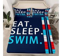 Swimming Kids Fitted Sheet Single Size,Hawaii Summer Sports Games Eat Sleep Swim Bedding Set,Boys Girls Room Decor,Geometric Stripes Grids Bed Cover,Navy Blue Bed Sheet,1 Pillowcase(No Flat Sheet)