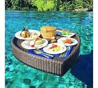Swimming pool floating bar, Floating Pool Tray Rattan Floating Tray Table & Bar with Handles Heart-Shaped Breakfast Tray on The Water(Brown,63X60X15CM)