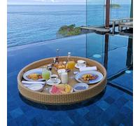 Swimming Pool Floating Tray Rattan Round Floating Bar Table Serving Tray, Stylish Breakfast Tray On The Water, Floating Bar for Swimming Pool Or Beach Party Float Lounge Refreshment (Brass 8