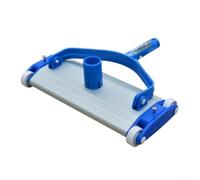 Swimming pool vacuum head with aluminum alloy frame and brush, engineered for durability and easy hose connection during pool cleaning