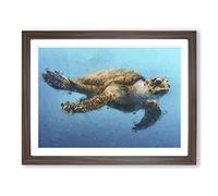 Swimming Sea Turtle In Abstract Modern Art Framed Print | A4 Walnut Framed Wall Art | Ready to Hang | Abstract Animal Picture | Living Room Bedroom Lounge Office