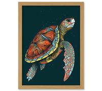 Swimming Sea Turtle Modern Folk Art Illustration Artwork Framed Wall Art Print A4 Artery8 Light Oak One Size