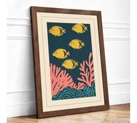 Swimming Through Coral Coastal Framed Wall Art Print A2 (59.4×42cm) Walnut, Wall Decor for Living Room, Bedroom, Office & Home, Ready to Hang, Art Gift
