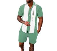 Swimming Trunks Funny Men's Spring / Summer Leisure Sports Hawaii Beach Style Stitching Stripe Print Short Sleeve Shirt Trousers Two Piece Set Dress Cover, Mint Green, L