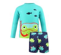 Swimming Trunks Kids Long Sleeve Two Piece Swimsuit for Boys Quick Drying V Protection Swim Set with Cartoon Frog Print for Toddlers to Children Boys Shirt, blue, 3-4 Years