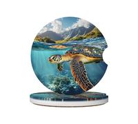 Swimming Turtle 2 Pcs Ceramic Coasters with Cork Back and Finger Slot, Car Cup Holder Coasters