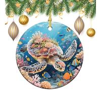 Swimming Turtle in Coral Reef Ceramic Christmas Ornaments with Gold String - Round Double Sided Porcelain Tree Decorations for Fireplace, Mantel, Wreath Holiday Party Decor (2.8 Inch)