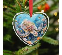 Swimming Turtle in Coral Reef Christmas Ornaments - Heart Christmas Tree Decorations with Red String, Winter Holiday Keepsake Pendant for Fireplace, Mantel, Wreath Holiday Party Decor (3.1 Inch)