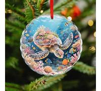 Swimming Turtle in Coral Reef Christmas Ornaments - Round Christmas Tree Decorations with Red String, Winter Holiday Keepsake Pendant for Fireplace, Mantel, Wreath Holiday Party Decor (3.1 Inch)