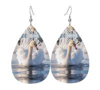 Swimming white swans double-sided printed leather earrings int and shape of water drops, creative, light and novel, bright and vivid colors.