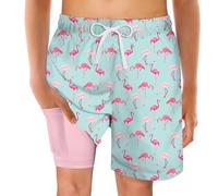 swimsobo Boys Swim Trunks for 5-16 Years Compression Liner Swimsuit Shorts Swimwear Boxer Bathing Suit, Flamingo, 10-12 Years