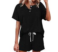 Swimsuit Dress Womens Round Tie Button Short Sleeve Top Draw Rope Loose Shorts Two Set Swim Pants for Women (Black, L)