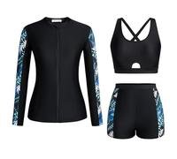 Swimsuit Girls Kids Swimwear Bikini 3 Piece Rash Guard Swimsuit Set for Women Long Sleeve with Boyshorts Push Up Bikini Sets Birth Shirt, black, S