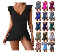 Swimsuits for Women Tummy Control Swimwear Plus Size One Piece Swimdress Beach Clothes Ruffled Swimming Costume Cross Criss Romper Shorts Drawstring Sexy Push Up Beachwear A-Black L