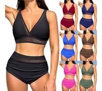 Swimsuits for Women, Women's Swimsuit Sexy Mesh Bikini Set Fashionable High Waist Tummy Control V Neck 2 Piece Swimsuit with Breast Pads No Underwire Push Up Swimsuit, Black, S