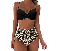 Swimwear for Women's Sexy High Waist Halter Neck Bikini Set - Solid Top, Printed Bottom Swimsuit