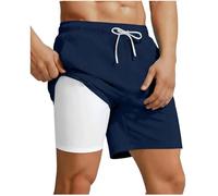 Swimwear Men UK Dark Blue Mens Swim Trunks with Compression Liner 2 in 1 Solid Color Quick Dry Swim Shorts Drawstring Waisted Elastic Plus Size Holiday Beach Shorts M