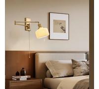 Swing Arm Wall Lamp Pull Cord Switch Adjustable Long Arm Wall Sconce Modern Gold Bedside Reading Lamp Milk White Ribbed Ceramic Shade Rotatable Brass Wall Light for Living Room Bedroom Study, Bell