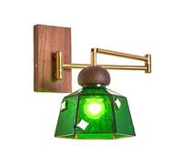 Swing Arm Wall Sconce Retro Solid Wood Wall Lamp, Adjustable Wall Mount Lights with Glass Shade for Bedroom Bedside Study Room, E27 Hardwired Indoor Lighting Fixture