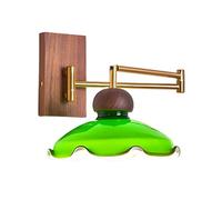 Swing Arm Wall Sconce Retro Solid Wood Wall Lamp, Adjustable Wall Mount Lights with Glass Shade for Bedroom Bedside Study Room, E27 Hardwired Indoor Lighting Fixture