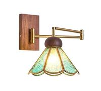 Swing Arm Wall Sconce Retro Solid Wood Wall Lamp, Adjustable Wall Mount Lights with Glass Shade for Bedroom Bedside Study Room, E27 Hardwired Indoor Lighting Fixture