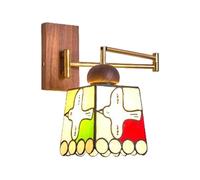 Swing Arm Wall Sconce Retro Solid Wood Wall Lamp, Adjustable Wall Mount Lights with Glass Shade for Bedroom Bedside Study Room, E27 Hardwired Indoor Lighting Fixture