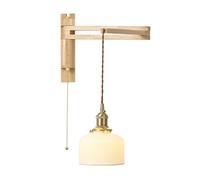 Swing Arm Wall Sconce with White Striped Glass Shade, Wood Foldable Lamp Pull Switch, Hardwired Farmhouse Light, Adjustable Bedside Reading Light for Bedroom Living Room