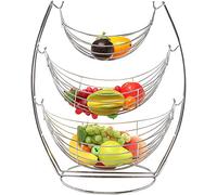 Swing Basket Rack Chrome Silver Hammock Fruit Vegetables Produce Metal Kitchen Display Stand Portable Storage Basket Fruit Bowl Compact Kitchen Holder (3 TIER BASKET)
