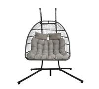 Swing Chairs, Egg Chair Double Seat Rattan Hanging with Cushion, Foldable Egg Chair Outdoor Indoor, Garden Patio Hammock Chair with Stand & Adjustable Height, upto 240 Kg Weight Capacity (Light Grey)