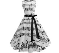 Swing Dresses for Women, Boat Neck Sash Waist Tie Gown, Sleeveless Cocktail Music Note Prints Outfits, Audrey Hepburn Style Vintage Retro Rockabilly Apparel, White Party Skirts