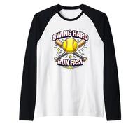 Swing Hard Run Fast Softball Player Coach Fan Lover Slogan Raglan Baseball Tee