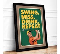 Swing Miss Drink Repeat Vintage Framed Wall Art Print A4 (29.7×21cm) Black, Wall Decor for Living Room, Bedroom, Office & Home, Ready to Hang, Art Gift