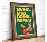 Swing Miss Drink Repeat Vintage Framed Wall Art Print A4 (29.7×21cm) Walnut, Wall Decor for Living Room, Bedroom, Office & Home, Ready to Hang, Art Gift