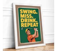 Swing Miss Drink Repeat Vintage Framed Wall Art Print A4 (29.7×21cm) White, Wall Decor for Living Room, Bedroom, Office & Home, Ready to Hang, Art Gift