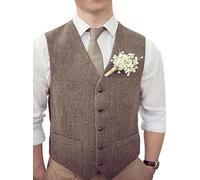 Swing Penguin Men's Tweed Vest Herringbone Wool Waistcoat for Wedding Men Vests Formal Groom's Wear Suit Vest, Brown, 4XL