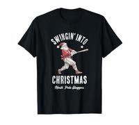 Swingin’ Into Christmas Baseball Santa Funny Holiday Design T-Shirt