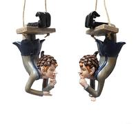 Swinging for elf Garden Statue Hanging Ornament Resin Figurine for Tree Branch Patio Yard Decor Black 6.5x7.5x12cm(倒立精灵)