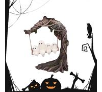 Swinging Ghost on Tree Swing, Cute Spooky Halloween Decor, Ghost Figurine & Ornament for Indoor & Outdoor Use, Porch, Desktop & Bookshelf Decorations (B)