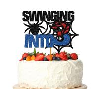 Swinging into 3 Cake Topper, Spider Theme 3rd Birthday, Superhero Themed Birthday Party Decorations Garland for Kids, Third Decor for 3 Year Old Boys Girls
