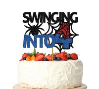 Swinging into 4 Cake Topper, Spider Theme 4th Birthday, Superhero Themed Birthday Party Decorations Garland for Kids, Third Decor for 4 Year Old Boys Girls