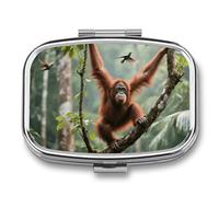 Swinging Orangutan Pill Box 2 Compartment Square Metal Pill Organizer Portable Mini Travel Medicine Case with Mirror Cute Medicine Container Holder for Pocket Purse