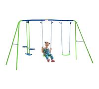 Outsunny Metal 2 Swings and Seesaw Set Height Adjustable Outdoor Play Set Green