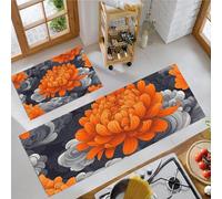 Swirl Chrysanthemum Kitchen Rugs Sets Non Slip Washable Kitchen Mats Anti Fatigue Comfort Asian Aesthetics Floor Mats for Laundry, Hallways, Sink 43x75cm+43x150cm Orange
