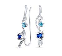 Swirl Wire Ear Pin Climbers Aqua Blue Cubic Zirconia Earrings For Women Simulated Sapphire CZ Crawlers Sterling Silver