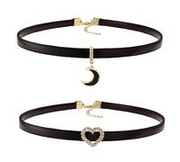 SwirlColor Black Necklaces for Women, 2 Pcs Heart and Moon Novelty Artificial Leather Necklace Adjustable Necklace for Ladies Girls